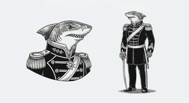 Anthropomorphic Shark Officer in Military Uniform Illustration.