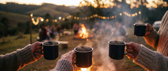 Fototapeta premium A group of people holding mugs over a campfire during sunset