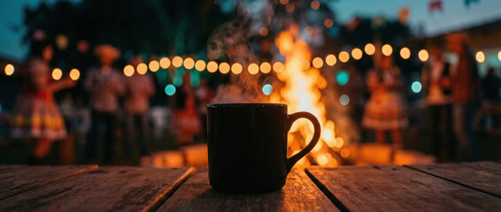 Fototapeta premium A cup of coffee sits on a wooden table in front of a campfire with blurred bokeh lights in the background