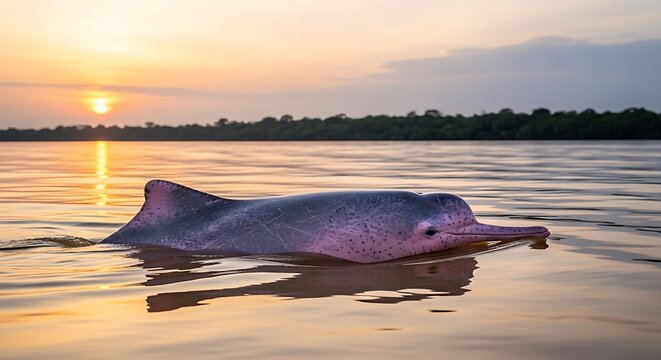 Pink Amazon river dolphin swims in calm water at sunset with reflection