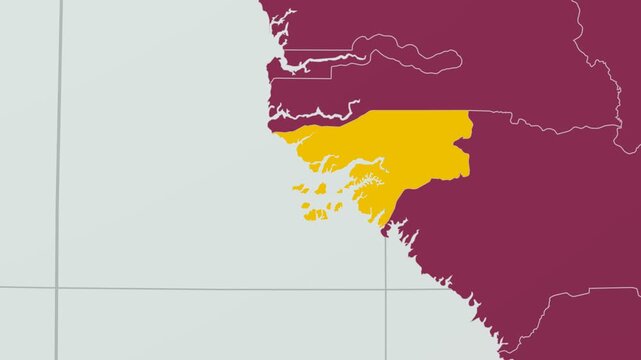 Guinea-Bissau map. Animated zoom into the country on the Globe in Pale Mint Dark Pink color palette. Country logo animation with round text and airplanes. Map with meridians, parallels.