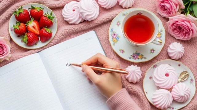 A hand writing in a notebook surrounded by strawberries, pink meringues, tea, and roses on a pink blanket