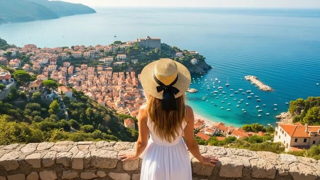Woman in a white dress and straw hat looking out over a scenic coastal town with blue water and boats