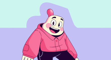 Fototapeta premium Simple Cartoon Character Wearing Oversized Pink Hoodie and Black Pants