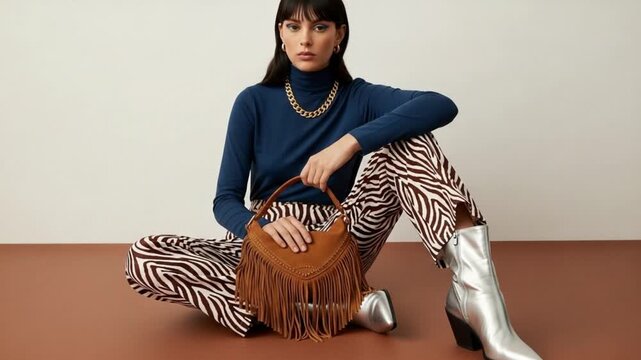 A woman wearing a blue turtleneck and zebra print pants sitting on a brown floor with a brown handbag and silver boots
