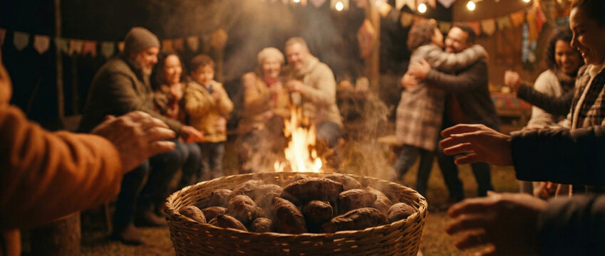 A group of people gathered around a campfire with a basket of potatoes in the foreground