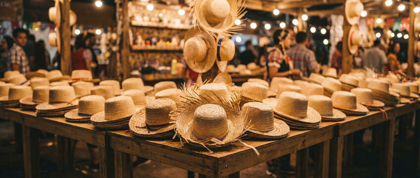 A display of straw hats on a wooden table at a market stall