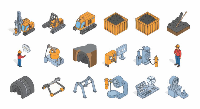 Isometric Industrial Equipment and Construction Elements Collection.