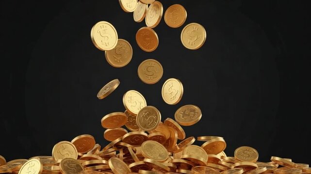 A pile of gold coins falling from above against a black background with a pile at the bottom