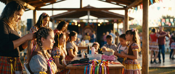 Obraz premium A group of people gathered around a table at a festival