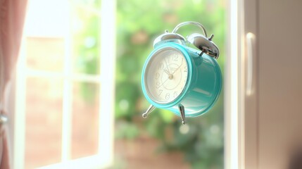 Naklejka premium Despertador vintage de color turquesa arrojado por una ventana con luz natural de mañana y fondo de jardín desenfocado.
