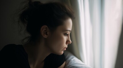 Naklejka premium Retrato de perfil de mujer joven con expresión seria o pensativa mirando a través de una ventana con luz suave, tristeza por alguien que se va