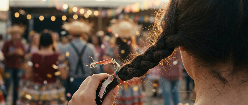 A person with long hair in a braid holding a piece of fabric in front of a crowd