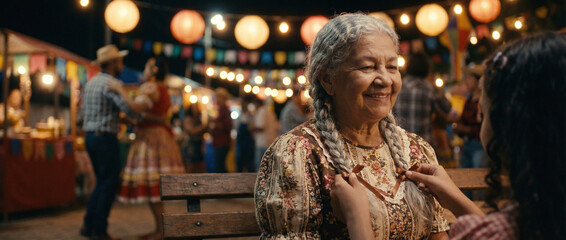Obraz premium A smiling elderly woman sitting on a bench in a lively outdoor market at night, surrounded by string lights