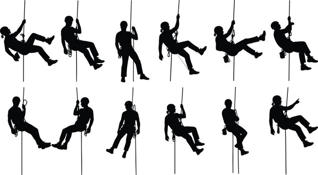 Climbing and rappelling silhouettes set, isolated black vector man on rope illustration.