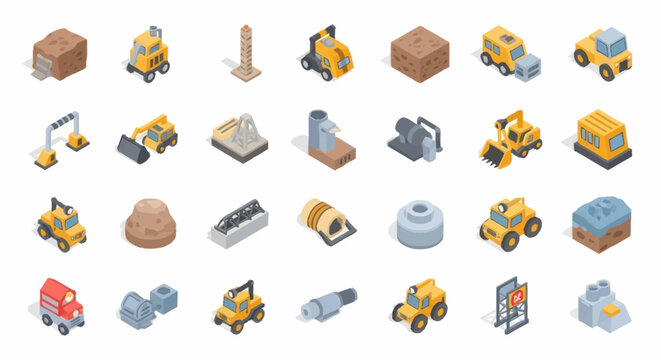 Isometric Construction and Industrial Equipment Icons Set.