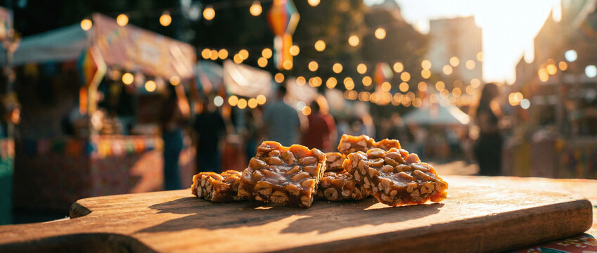A stack of nuts on a wooden cutting board at an outdoor market during sunset