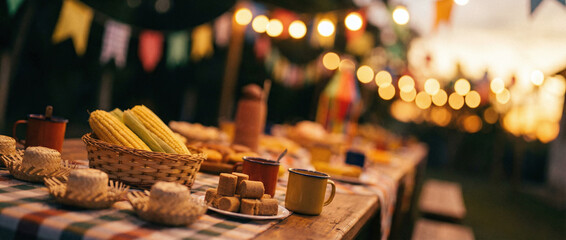 Fototapeta premium A table set up for a picnic with corn on the cob, cups, and other food items