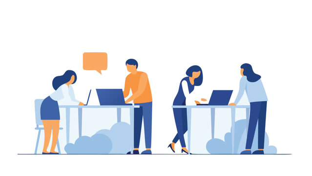 Vector illustration of four people working at desks with laptops