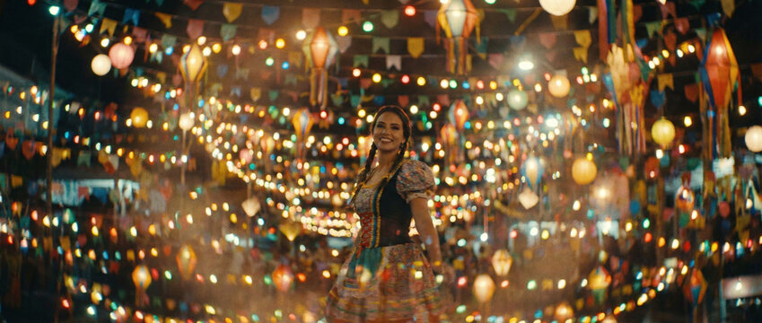 A woman standing in front of colorful paper lanterns at night