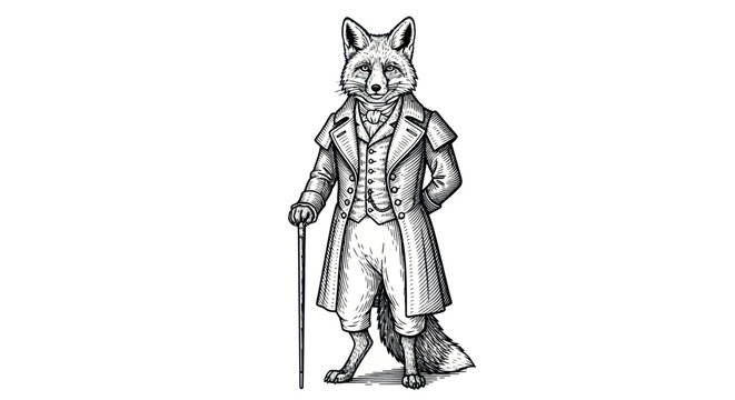 Anthropomorphic Fox Gentleman in Victorian Attire Holding Cane.