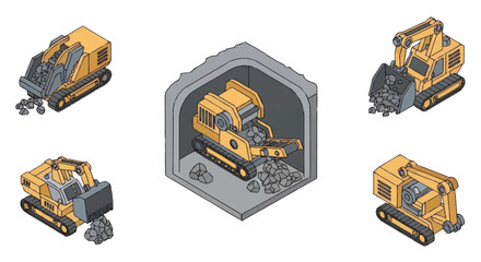 Set of Isometric Construction Excavator Machines. © Deni