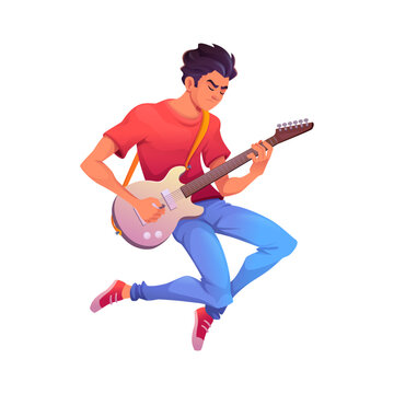 Young Musician Playing Electric Guitar Mid Air Jump With Passionate Rock Energy