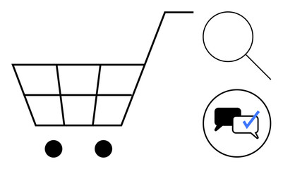 Shopping cart with magnifying glass for search and chat bubble with a check mark for positive feedback. Ideal for online shopping, user reviews, e-commerce, customer satisfaction, search, approval © robu_s