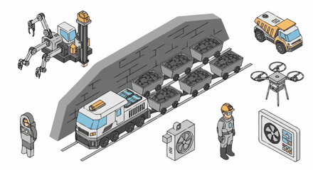 Isometric Mining Train and Equipment Illustration. © Deni
