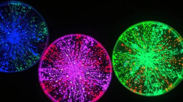 Three colorful petri dishes with glowing bacteria or cells on a black background for science and research purposes