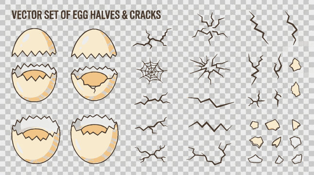 Cracked eggshell halves and isolated fractures in vector style with transparent background for design use