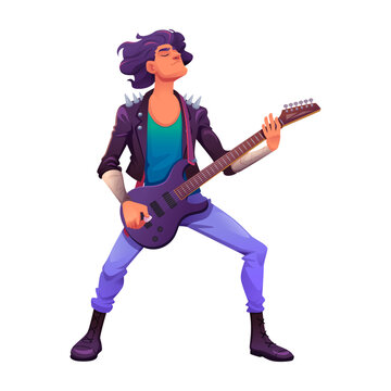 Energetic Rock Guitarist Playing Electric Guitar On Stage With Leather Jacket And Studs