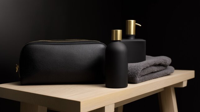 Close-up de Kit de cuidado personal masculino con dispensadores negros mate, tapa dorada de cremas y shampoo, neceser de cuero y toalla sobre banco de madera de madera clara y fondo negro