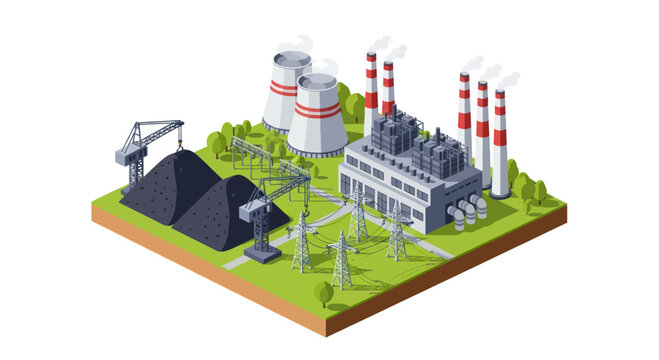 Isometric Power Plant with Coal Piles and Cooling Towers.