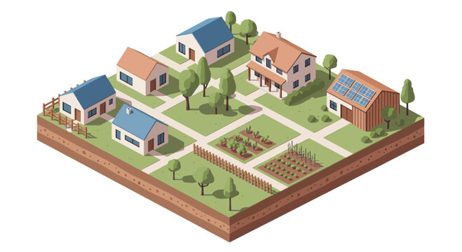 Isometric view of a charming suburban neighborhood with houses and gardens.
