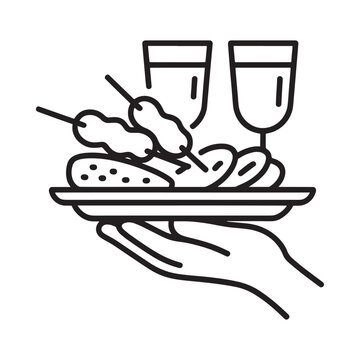Line art illustration of a tray with drinks and appetizers