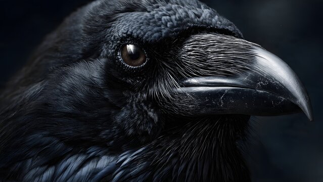 extreme close up portrait of a black crow with sharp intense eyes, detailed glossy feathers, dramatic lighting, shallow depth of field