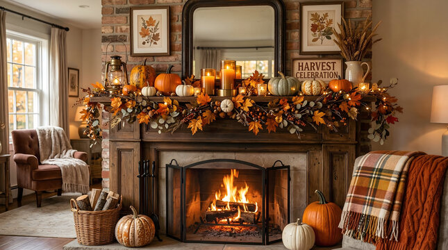 Cozy autumnal living room with fireplace and fall decorations