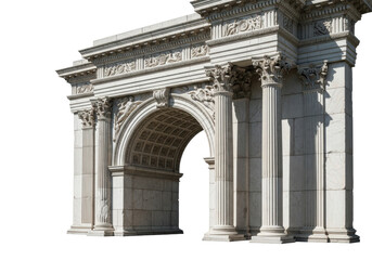Obraz premium Aged white marble greco-roman monumental archway with carved corinthian columns, fluted shafts, and frieze details, isolated in a sterile white studio environment under dramatic lighting. Concept of