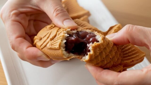 Close-up of hands breaking open a sweet red bean paste taiyaki fish cake