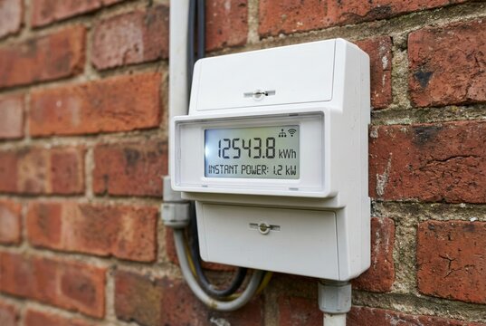Standard domestic smart electricity meter with digital screen mounted on red brick exterior wall
