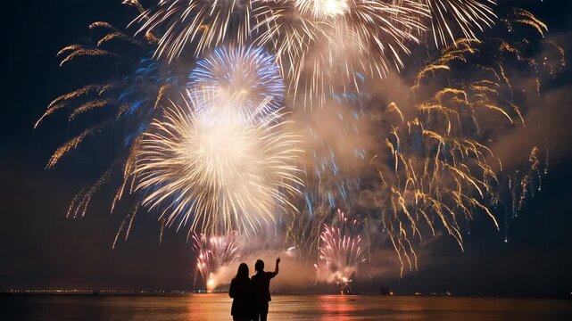 日本人の見物客が間近で見上げる大輪の花火を強い仰角で描く構図