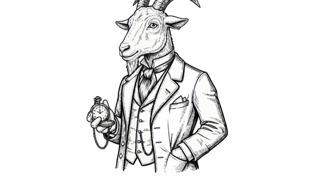 Anthropomorphic Goat Dressed in Formal Suit Holding Pocket Watch.