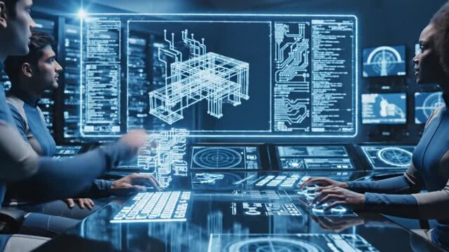 Three people in blue uniforms working on computers with multiple screens displaying data and charts in a futuristic control room environment with blue lighting