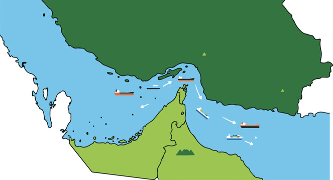 Vector map of the Persian Gulf region showing surrounding countries including Iran, Iraq, Kuwait, Saudi Arabia, Qatar, Bahrain, United Arab Emirates, and Oman with highlighted coastline and maritime b