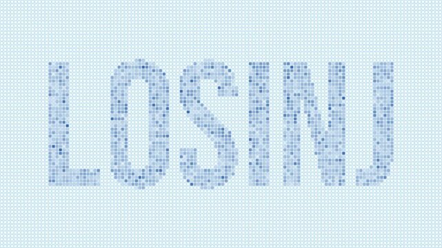 Losinj dotted map animation. Digital style shape of the island. Losinj shape and title blue dots appear with flickering effect. Croatia. Modern Intro, outro, title, logo video.