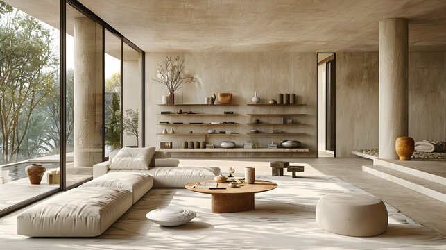 Modern Living room Minimalist Warm-Beige Plaster Light-Oak Contemporary Wabi-Sabi Style Large Central Skylight Open Oak Shelving Recessed LED Glow Rattan Ottoman Natural Fiber Baskets Elegant Design 