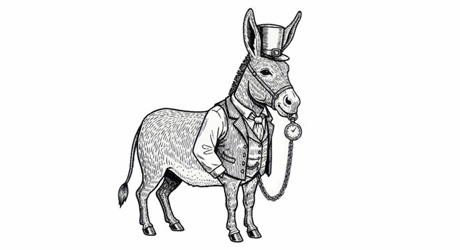 Elegant Donkey Dressed in Formal Attire with Top Hat and Pocket Watch.