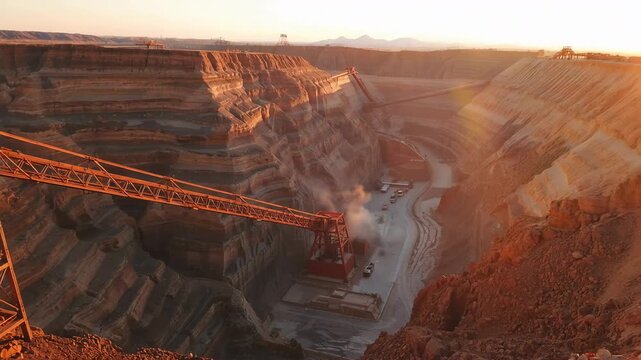 夕日の露天鉱で採掘機が斜面をまたぎ、温かな塵と長い影が縞状にのびる