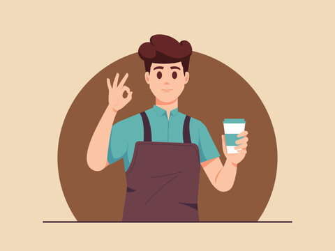 Barista Holding Cup of Coffee and Showing ok Sign
